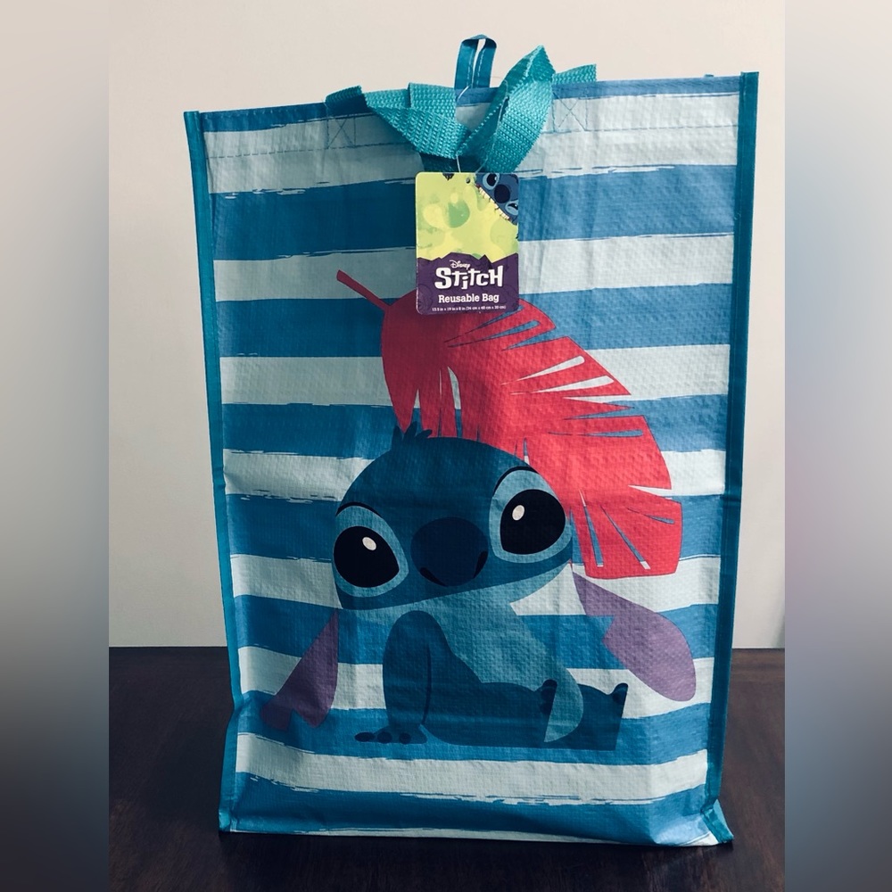 Disney Stitch leaf graphics Reusable bag blue stripes. Size 13.5in X 19in X 8in